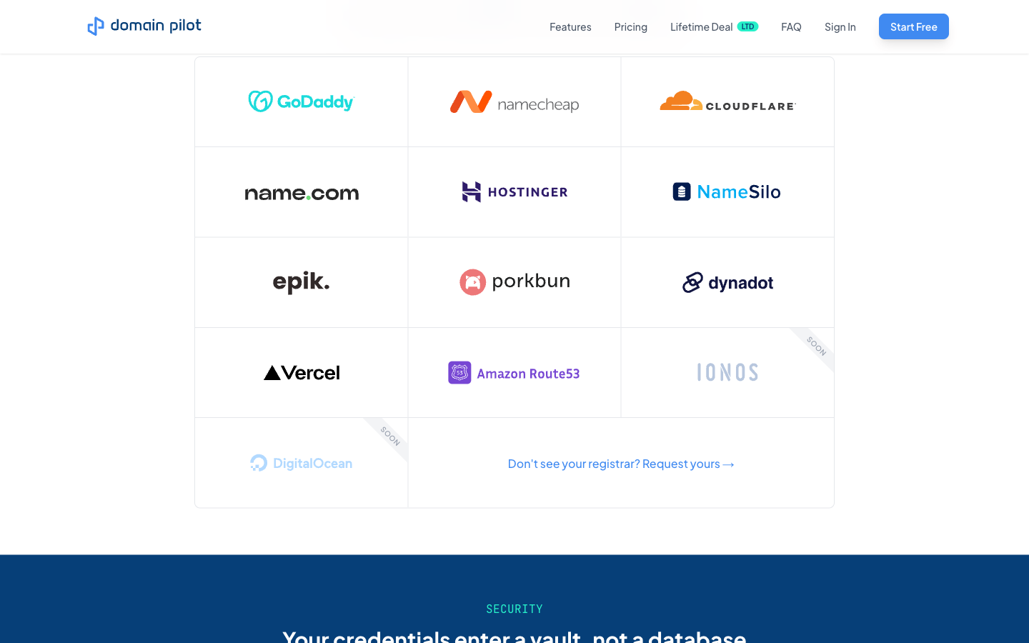 DomainPilot supported registrars grid including GoDaddy, Namecheap, Cloudflare, Porkbun, and more