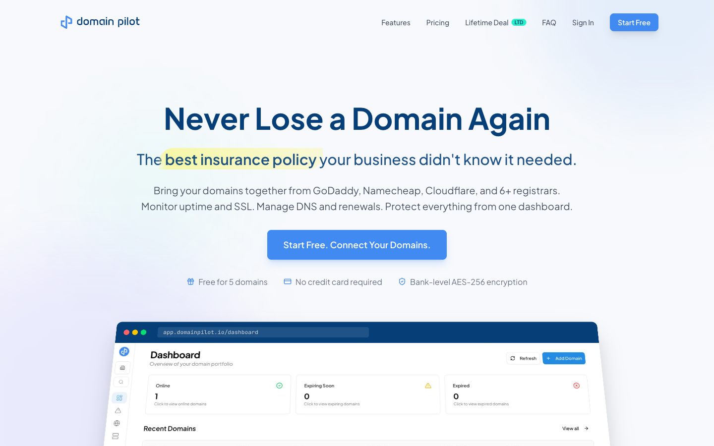 DomainPilot landing page showing the dashboard with domain monitoring overview
