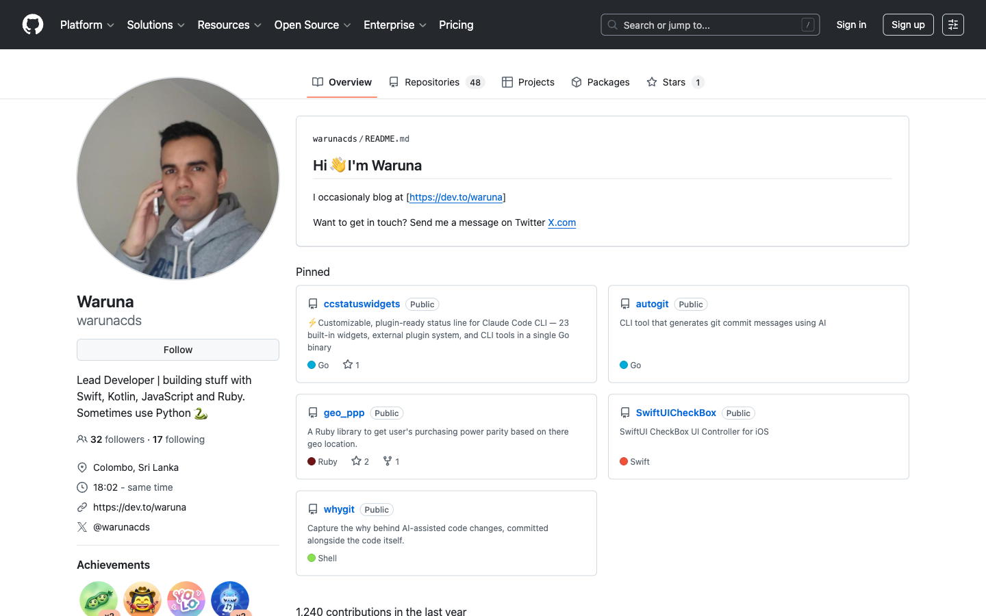 Waruna's GitHub profile showing open source projects including Forge