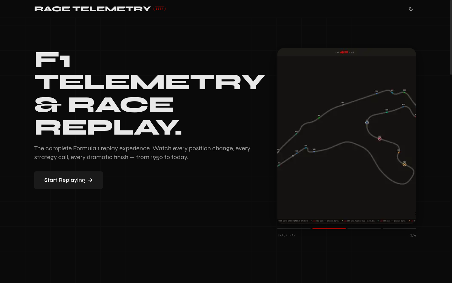 Race Telemetry hero page showing F1 Telemetry and Race Replay with interactive track map